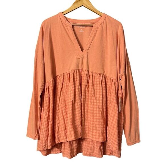 Anthropologie Pilcro Long-Sleeve Babydoll Top blouse gingham light orange Medium - Picture 4 of 15